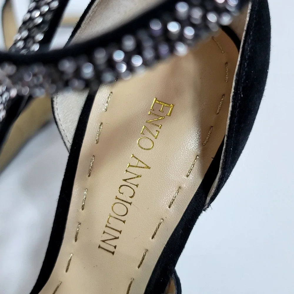 Enzo Angiolini Eataelon Black‎ Suede Rhinestone Heels Leather Upper 6M Glam Luxe